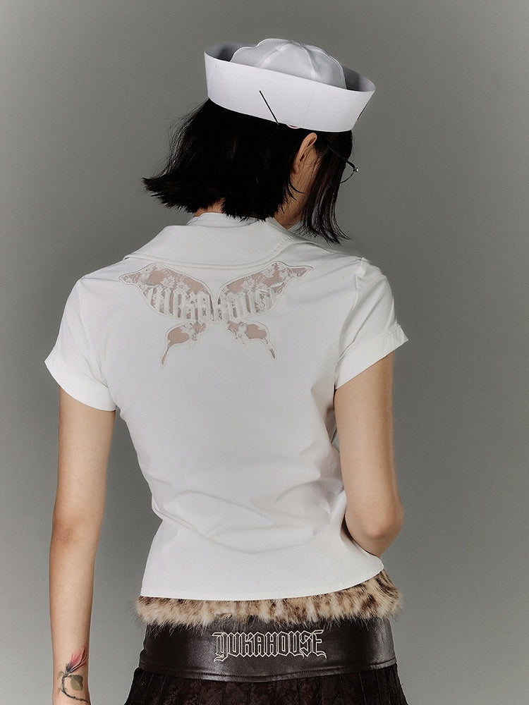 バックホワイトバックルY2Kストラップネックラインバタフライカットアウトディテールシャツ