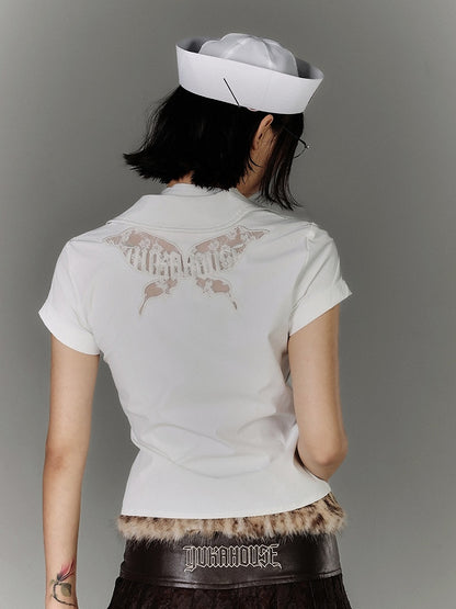 バックホワイトバックルY2Kストラップネックラインバタフライカットアウトディテールシャツ