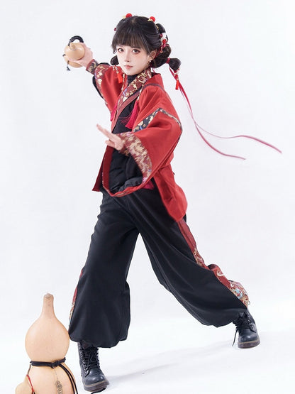 Chinese Style Black Red Chinoiserie Shirt Pants Outerwear Set - Zao Jing Ji