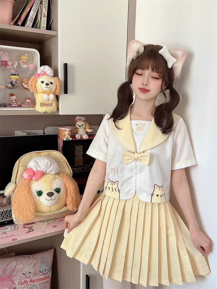 黄色の太もも丈JK制服プリーツスカート