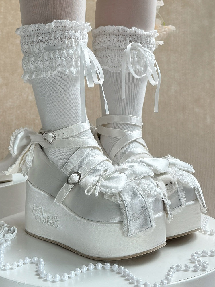 White Ears Janes - Platform Lolita Sweet Mary Satin Bear Plush