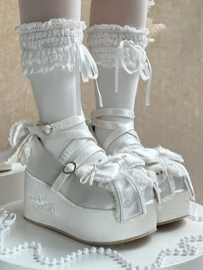 White Ears Janes - Platform Lolita Sweet Mary Satin Bear Plush