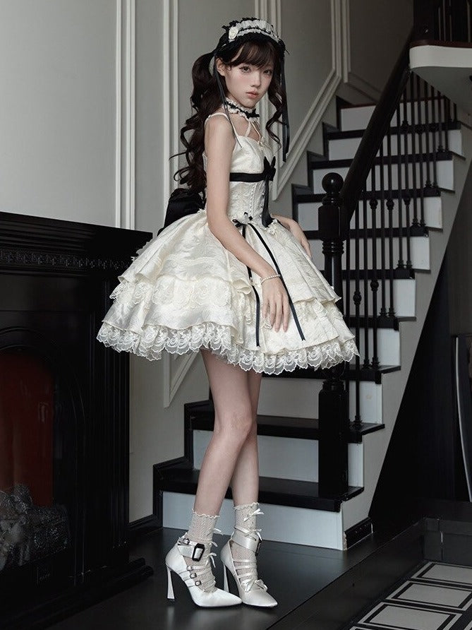 Apricot Lace-Trim JSK Dress with Black Bows - Die Die Zi