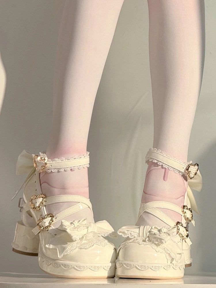 White Sweet Lolita Platform High-heel Mary Janes Cake Heel Bow Heart Buckle - Vintage Sweetheart