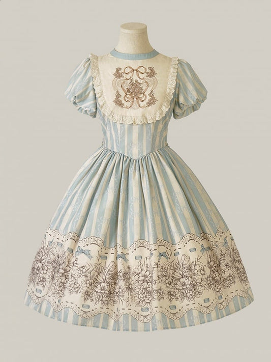 and Floral Blue Embroidery Classic One Bowknot Piece Striped Bodice Version Lolita Short Pattern