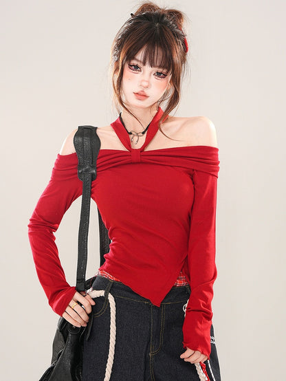 Black/Red Asymmetrical Slit Hem Halter Neck Top