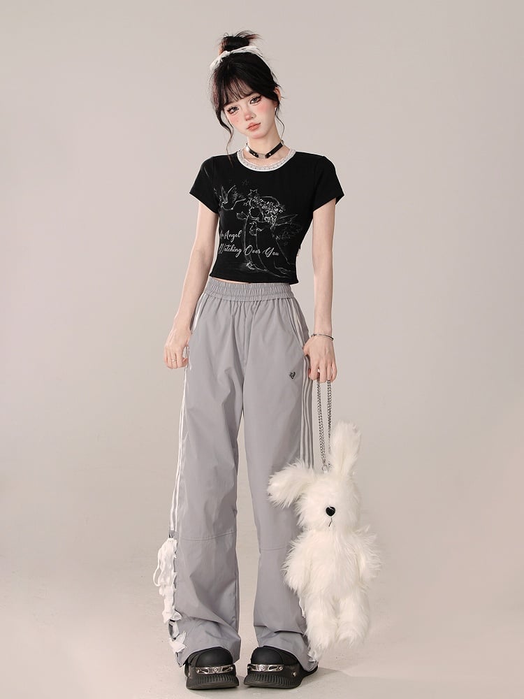 Straight-Leg pants with Lace-Up Side Detailing Gray Preppy