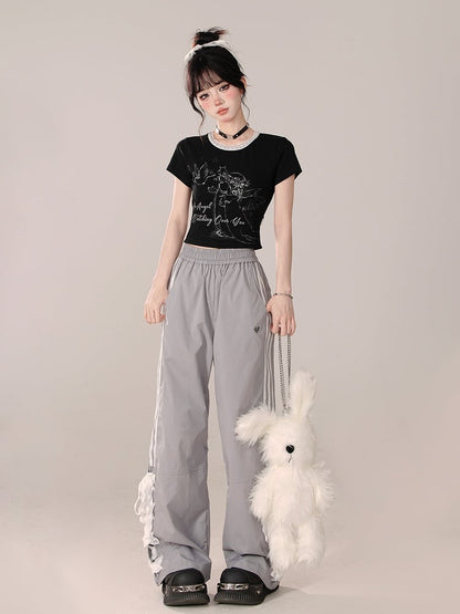 Straight-Leg pants with Lace-Up Side Detailing Gray Preppy