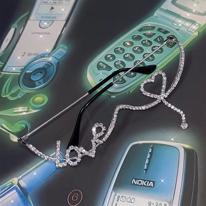 And Rhinestone Frame Eyeglasses Silver Heart Punk Letter Dcorated