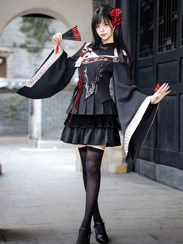 Chinese Style Black Red Wide Sleeve Asymmetrical Top Skirt Necklace Outfit - Unknown Star