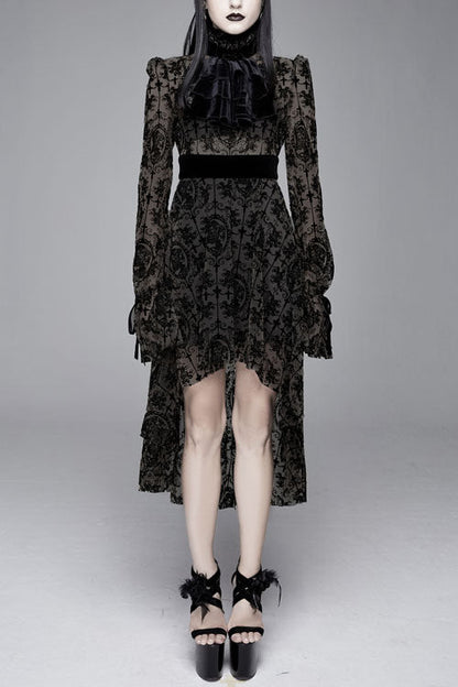 Black Floral Flocked Print Long Sleeves Velvet Tie Women's Gothic Dress
