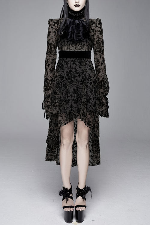 Black Floral Flocked Print Long Sleeves Velvet Tie Women's Gothic Dress