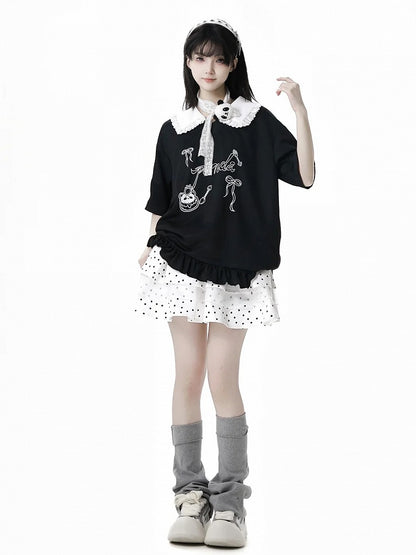 Short/Long Top Sleeves Panda Dessert Print Ruffled Pointed Flat Collar Ruffled Hem Black
