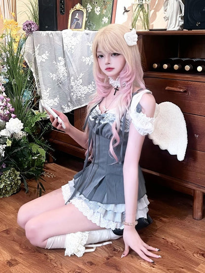 Cami Gray Lace-Trim Detail with Bow Top