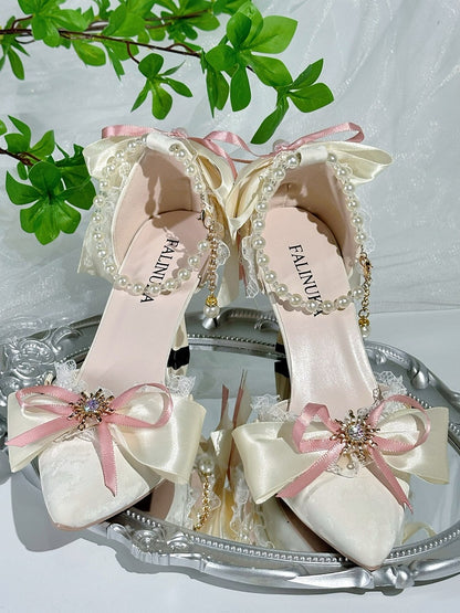 Beige Lace Trim Pointed Toe Lolita Shoes with Pink Bow - Miaomiao Just for You