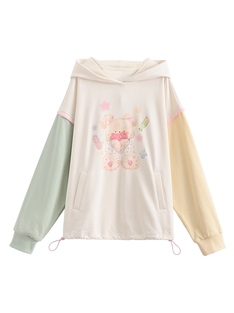 Herbst und Saum Grün Gelb Colorblock Design Teddybär Print Kordelzug Hoodie