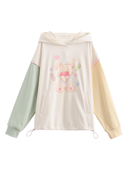 Herbst und Saum Grün Gelb Colorblock Design Teddybär Print Kordelzug Hoodie