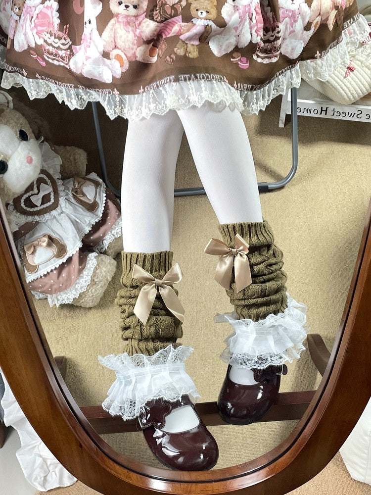 Guêtres avec nœud en maille côtelée kaki et dentelle