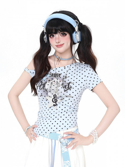 Asymmetric Shoulder Polka Dot Kitty Print T-Shirt - CRAZY GIRL