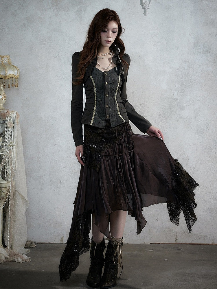Rococo Punk Army Green Faux Two-Piece Long Sleeve Blouse with Lace and Ruffle Accents - NO ROMANCE
