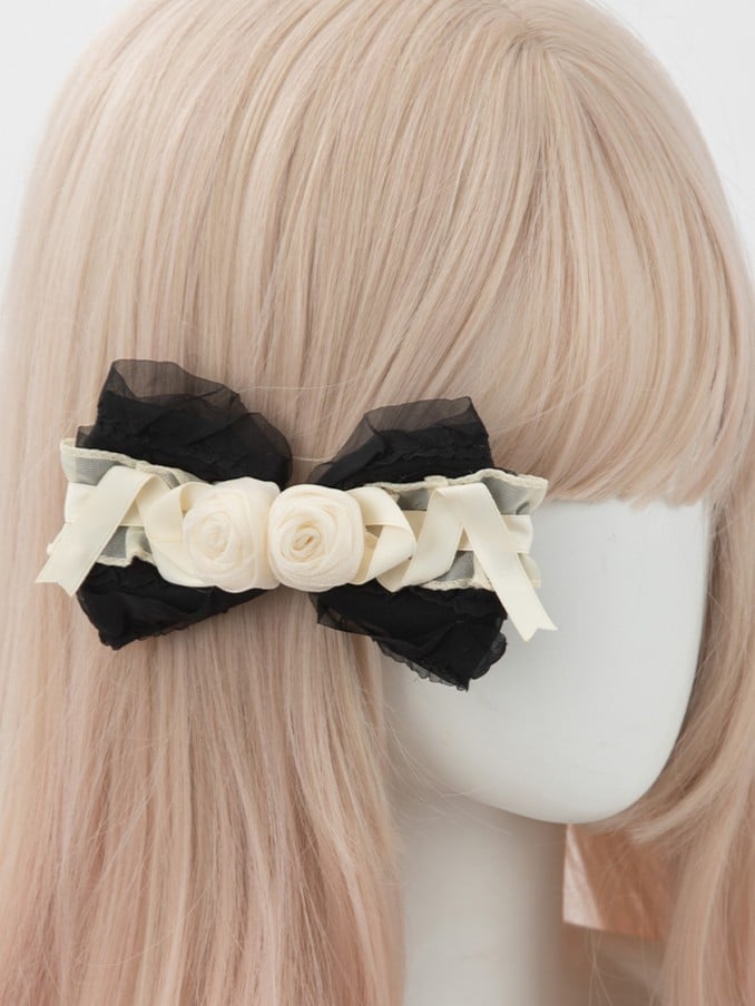 Sweet Lolita Hairclip Design Beige Black Floral Ruffled