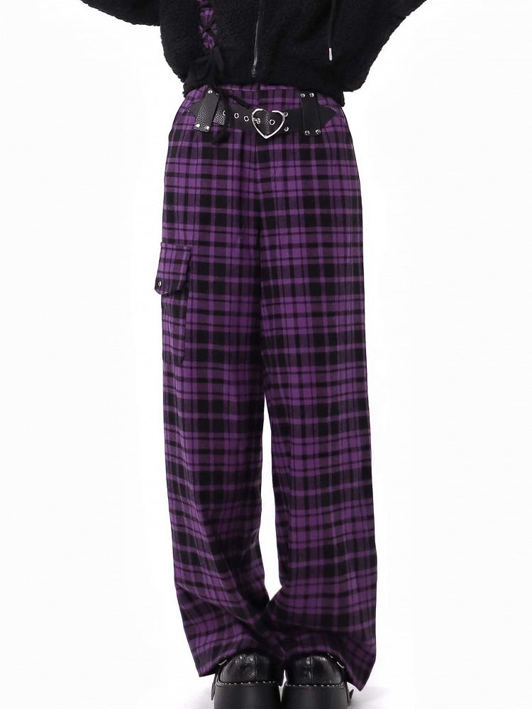 Purple Plaid Pants Heart Buckle Pattern Trendy - PINK SAVIOR