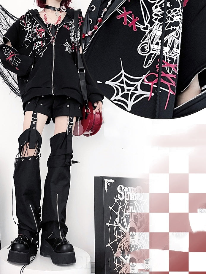 Zip-Up Sleeves with Y2K Graphic Black Hoodie Bunny Ears Print Zipper