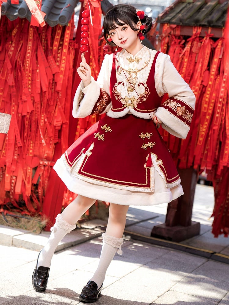 赤い新年の結び目ボタンのバンドカラーのロリータドレスベストタッセルクロスボディバッグフルセット