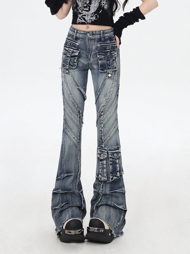 Blue Low Rise Raw Hem Faded Wash Flared Cargo Jeans Y2K