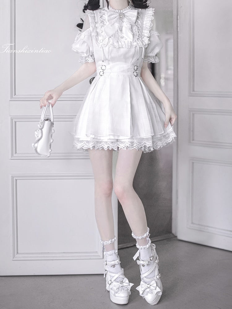 Waist Kei with Dress Neckline Buckles Heart Open Lace-up Jirai Shoulder White