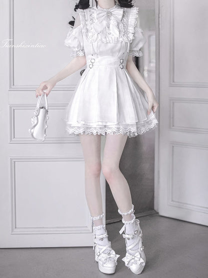 Waist Kei with Dress Neckline Buckles Heart Open Lace-up Jirai Shoulder White