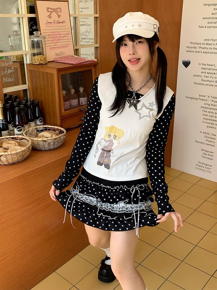 Black Star All-Over with Bow Skirt Lace Print and Tiered Trim