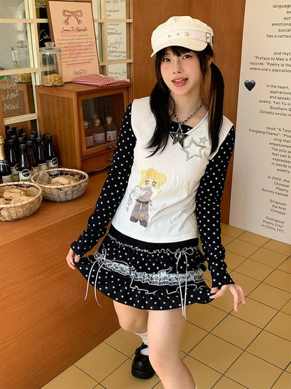 Black Star All-Over with Bow Skirt Lace Print and Tiered Trim