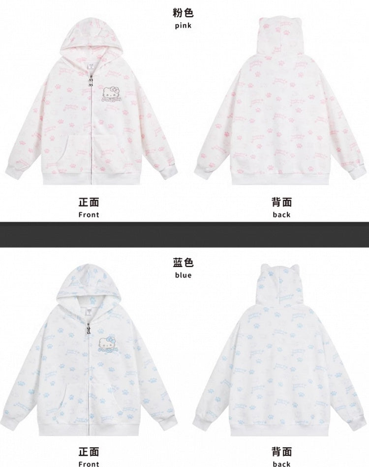 Schwarz/Rosa/Hellblauer Kapuzenpullover mit Kätzchen-Allover-Print