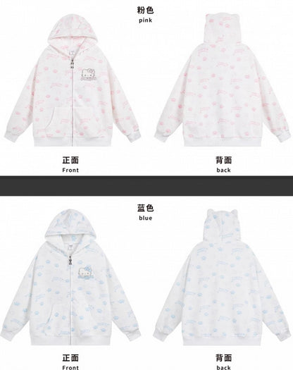 Schwarz/Rosa/Hellblauer Kapuzenpullover mit Kätzchen-Allover-Print