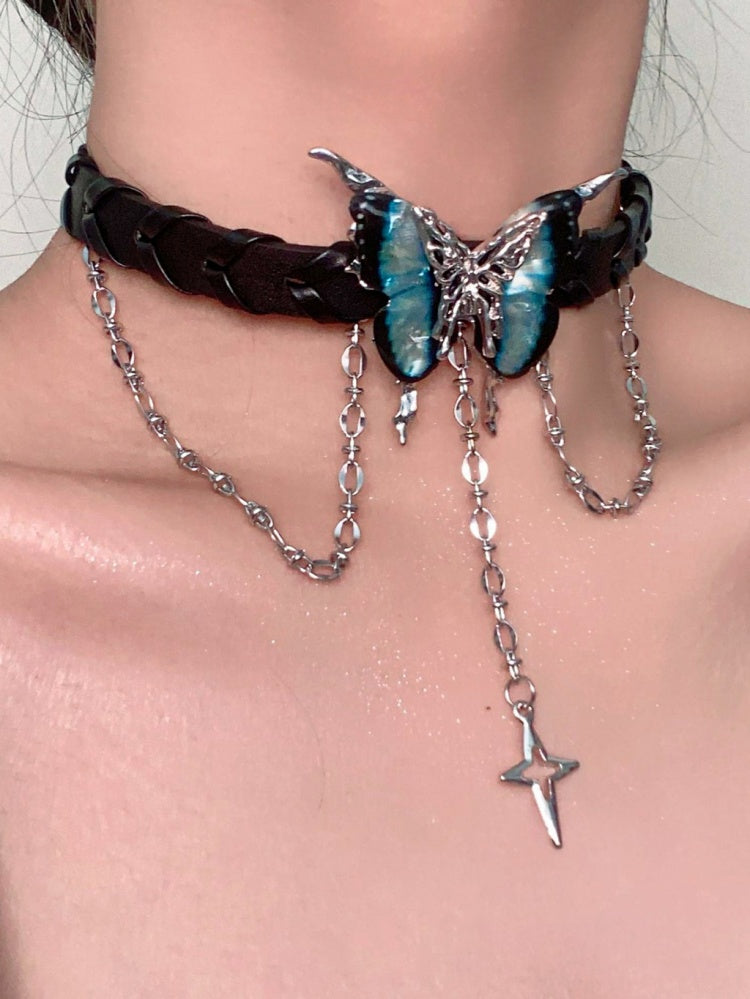 Y2K Blauer Strass Schmetterling Stern Choker