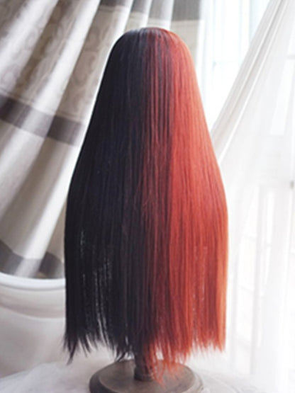 Rot-schwarze, geteilte, hüftlange, glatte Perücke mit vollem Pony