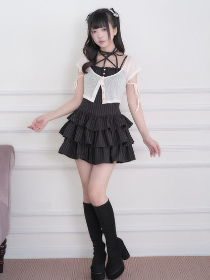 Jirai Kei Black Striped Tiered Ruffle Camisole Dress White Cropped Top Set - No Genki