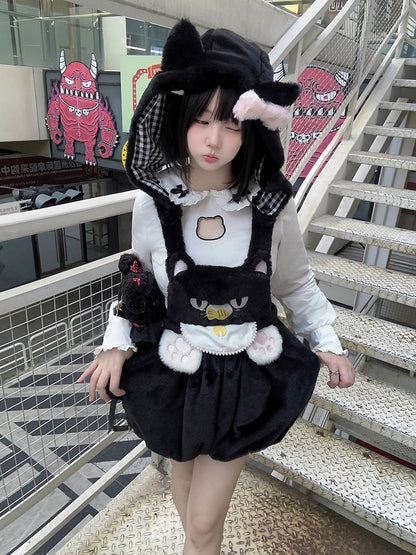Detachable with Plush Paw Kawaii Soft Hood Cat-Ear Cat Embroidery Bloomer Shorts Overall Black