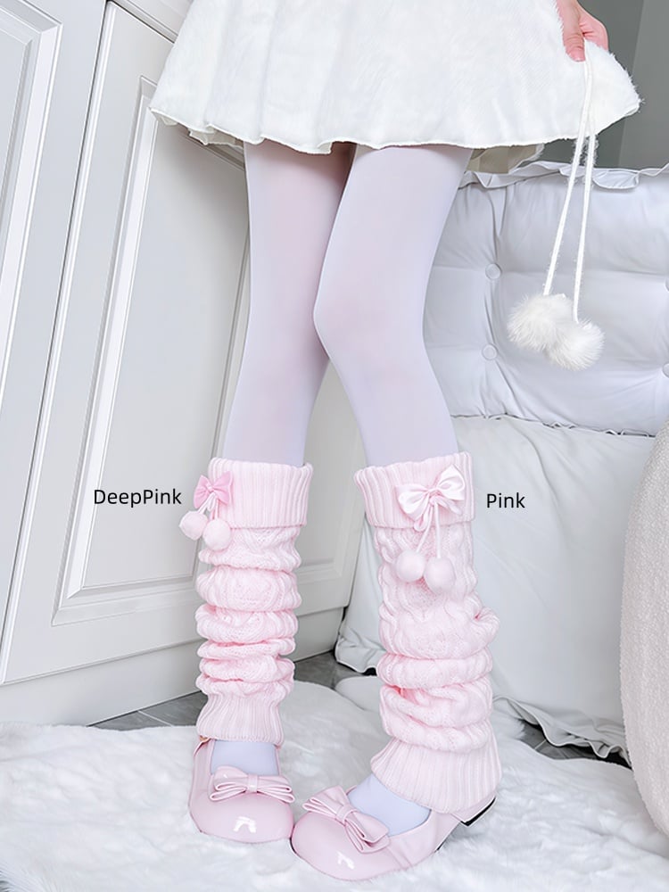 3 Colors Bow and Pompom Decoration Knitted Leg Warmers