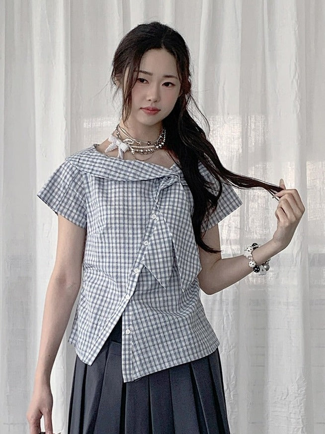 Asymmetrical Neckline Short Sleeve Top with Plaid Pattern - Solkatt