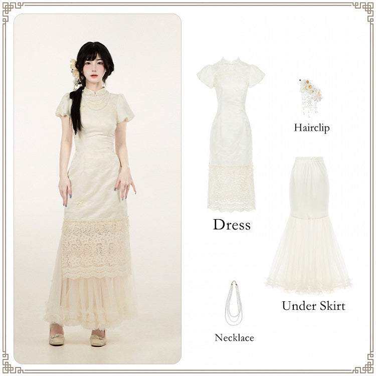 Jacquard Dress Set Panel Hem Lace Qi Full Slit Banded Butterfly Side Qipao Lolita Collar