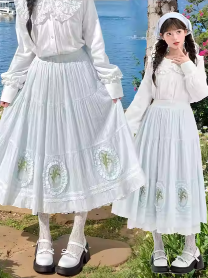 Skirt Light Blue Lily-of-the-Valley Embroidered Lace Trim Cutton