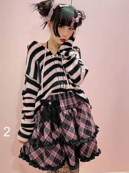 Black and Pink Y2K A-Line Skirt with Lace Bow and Checkered - Alita26SS