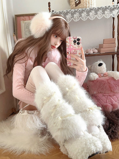 With Details Bow Elegant Fur White Faux Leg Warmers
