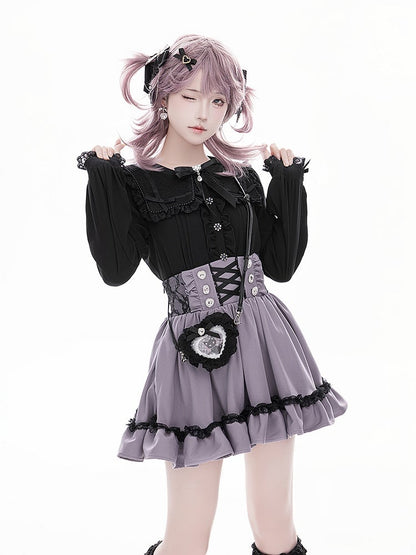 Long Black with Sleeve Lace Kei Detailed Collar Square Beadwork Jirai Blouse Dark Sweetheart