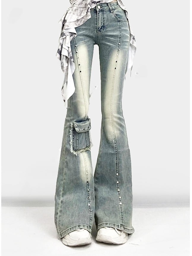 Verzierte Jeans, verblasste Bündchen, Y2K, ausgefranst, glamourös, blau, roh, Schlagtasche, Silhouette, gewaschen und