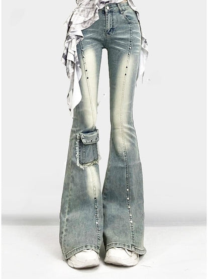 Verzierte Jeans, verblasste Bündchen, Y2K, ausgefranst, glamourös, blau, roh, Schlagtasche, Silhouette, gewaschen und