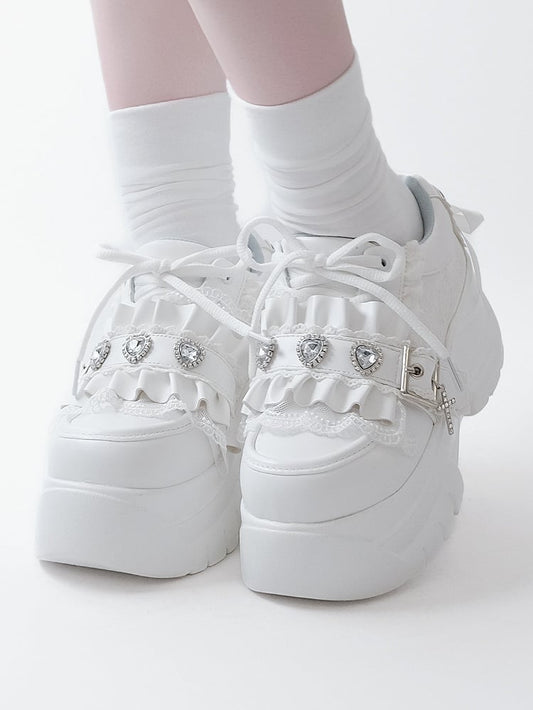 Lacing Crystal Kei Heart Back Jirai Shoes - Platform White
