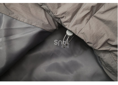 パッチワークデザイン グレー フード付きダウンジャケット